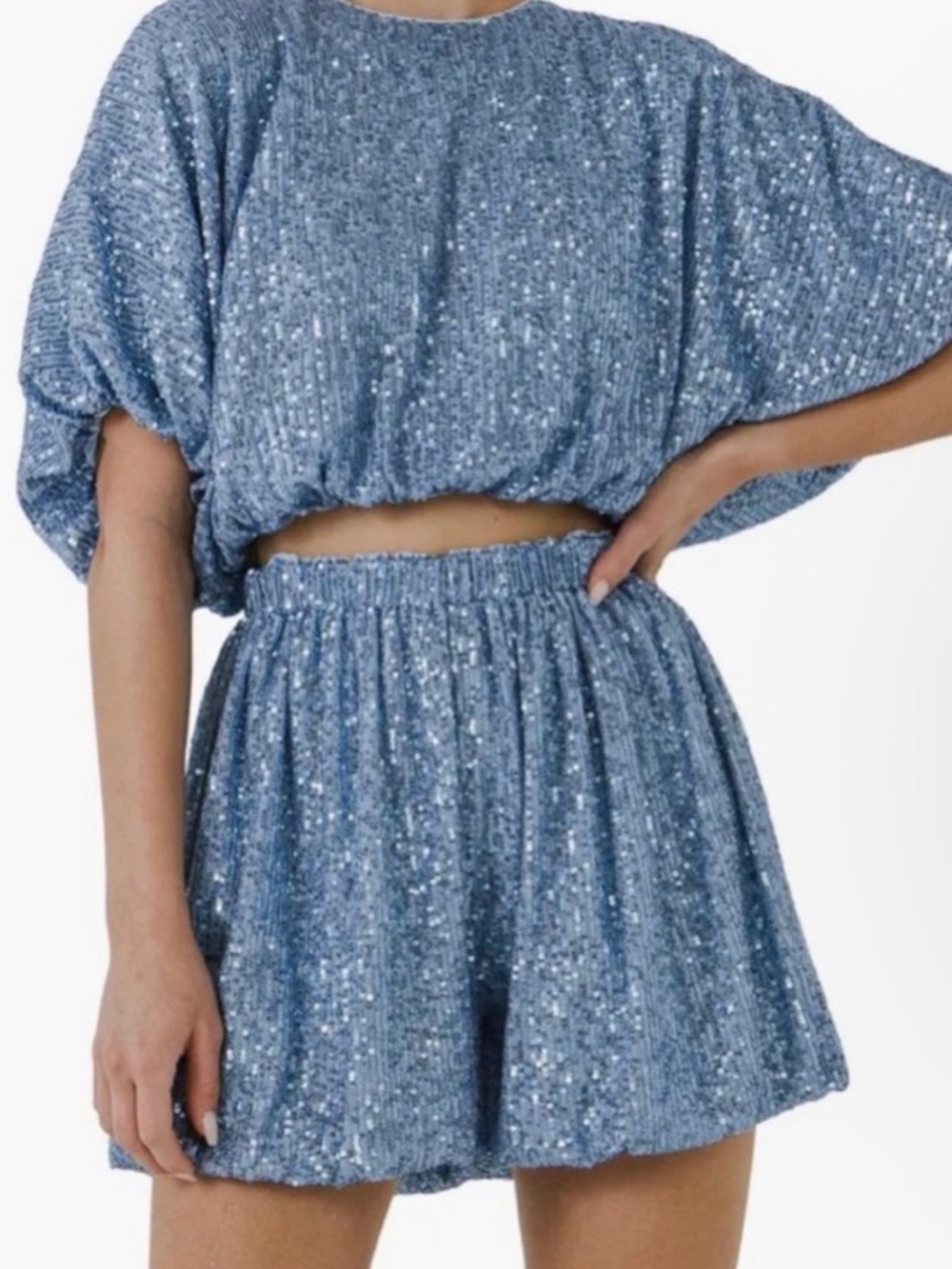 Endless Rose Set Sequins Cropped Puff Top and Blousen Shorts in Blue Size S NWT